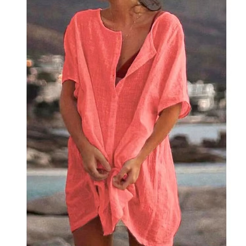 Women’s Blue Cotton Linen Oversized Shirt – Summer Short Sleeve Button Blouse, Vintage Casual Top