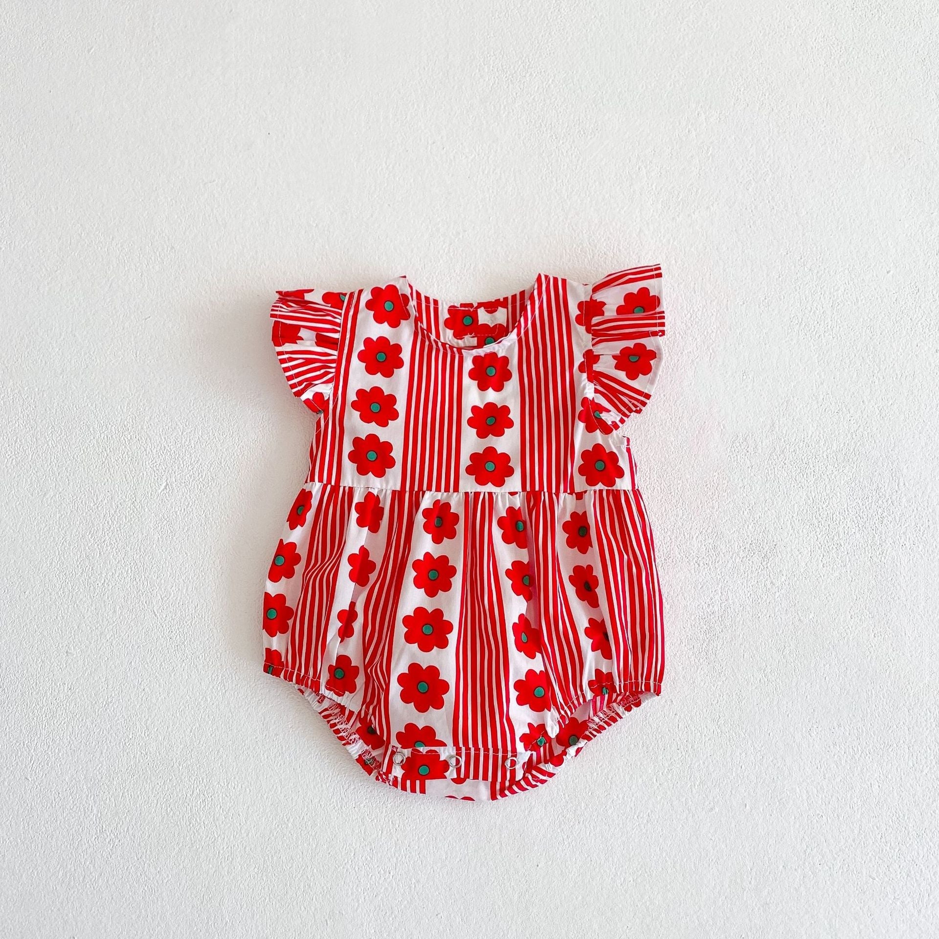 Design Summer Girls Flowers And Striped Pattern Fly Sleeves Onesies And Dress – Sister Matching Clothing Set-1