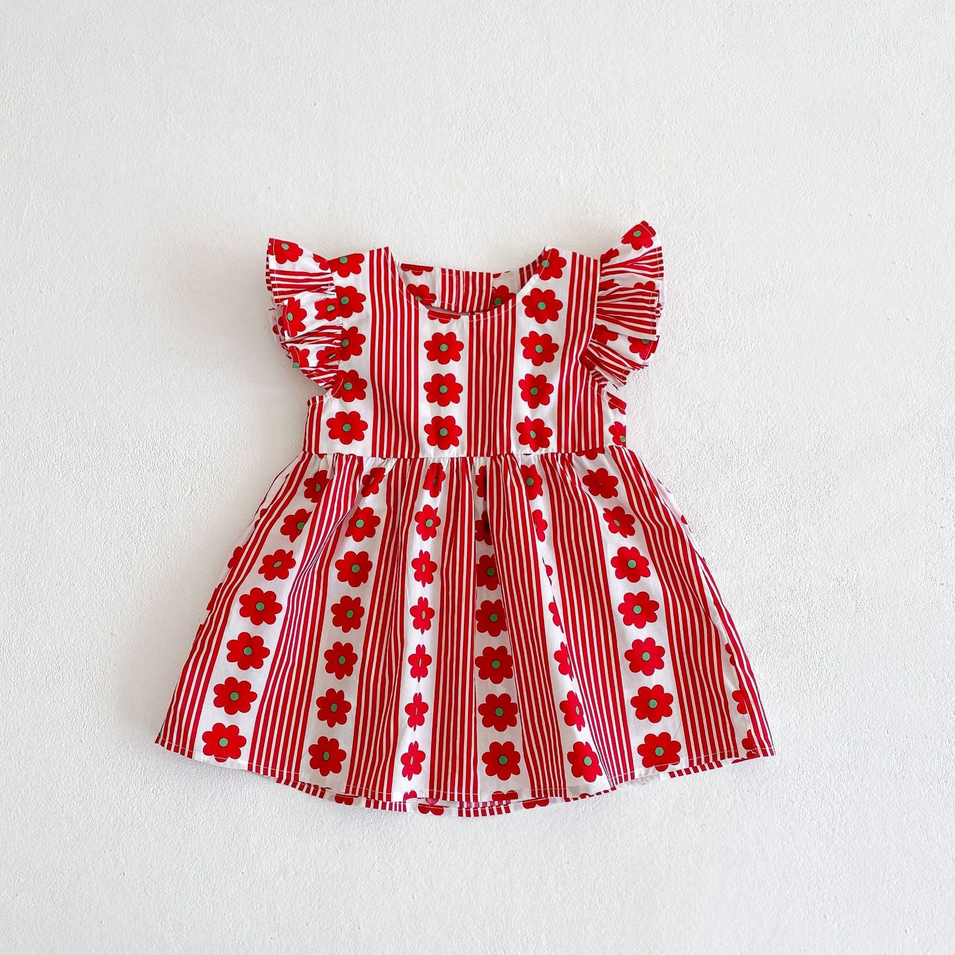 Design Summer Girls Flowers And Striped Pattern Fly Sleeves Onesies And Dress – Sister Matching Clothing Set-2
